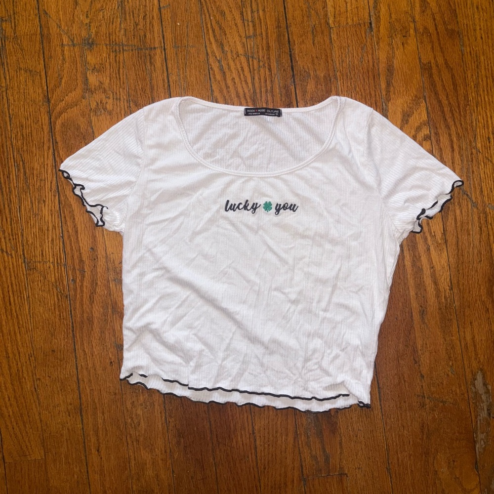 'Lucky You' White Ribbed Crop Top with Black Trim